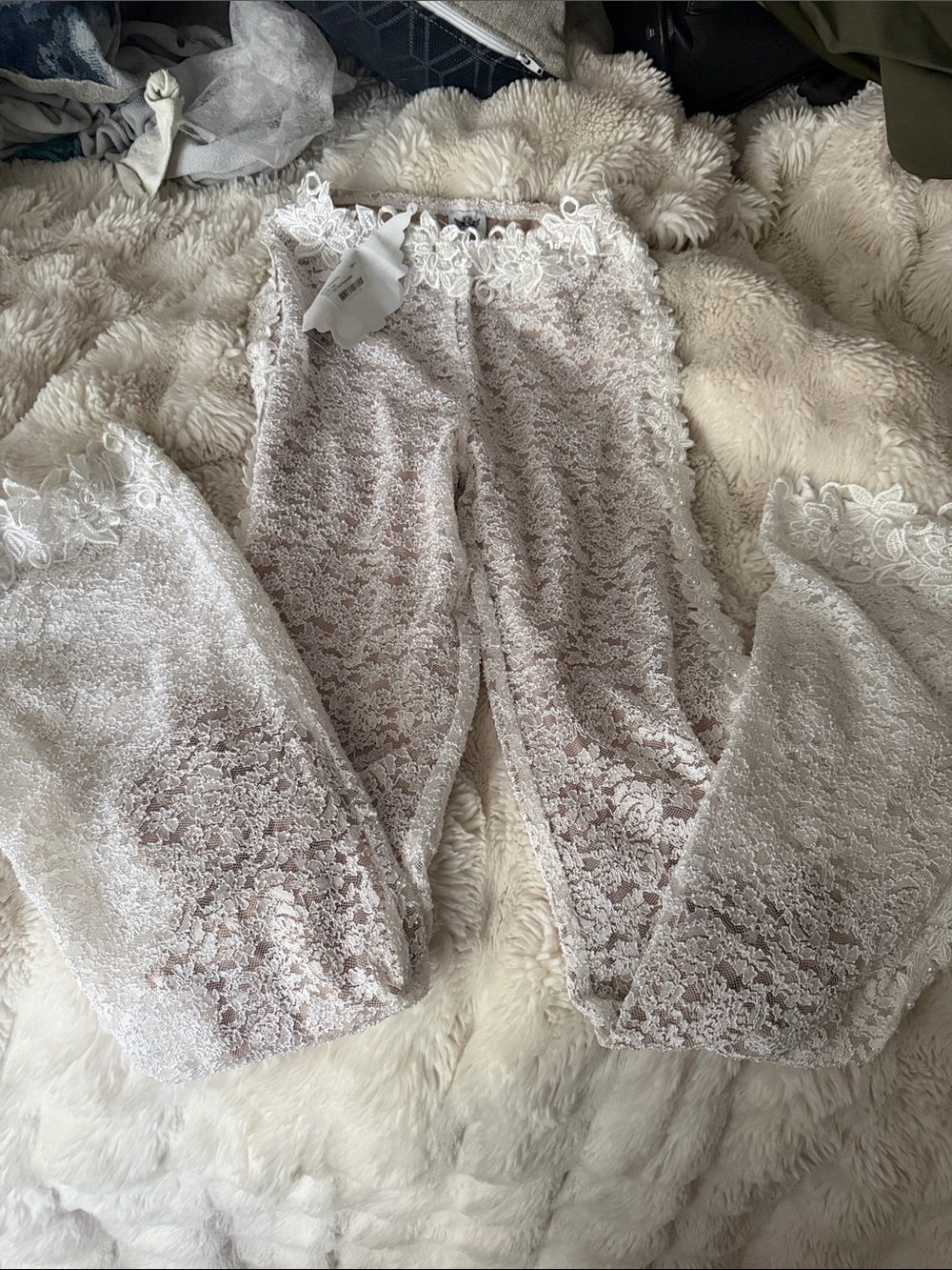 Sheer Lace Wide-Leg Pants in White Boys Lie